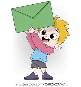 A lively cartoon boy with blond hair is shown holding a large green envelope above his head.