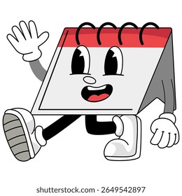 Um personagem animado calendário de desenhos animados acenando com alegria, representando diversão, positividade e uma personalidade envolvente.