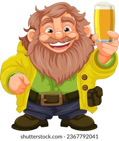 A lively cartoon character with a beard and mustache holding a pint of beer