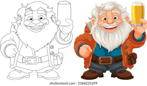 A lively cartoon character with a beard and mustache holding a pint of beer