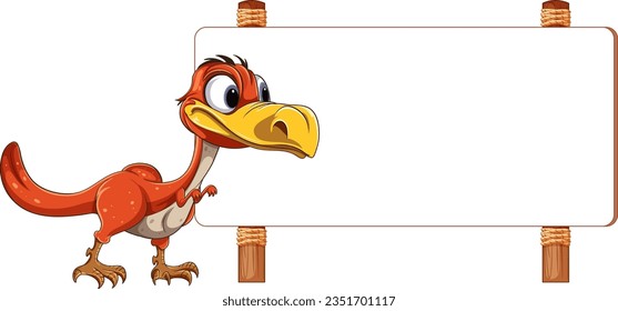 Un animado dinosaurio de dibujos animados posando frente a un cartel