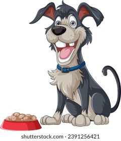 A lively cartoon dog eagerly sitting in front of a meal