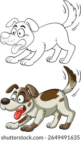 A lively cartoon dog illustration in both color and outline styles, showcasing energetic movement and expressive features
