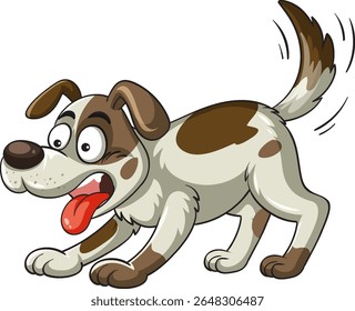 Um animado cão de desenho animado com um rabo abanando, desenhado em um estilo colorido e brincalhão em um fundo branco