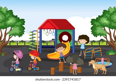 Animada ilustración de dibujos animados que capturan el tiempo de juego de los niños en un patio de recreo