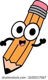 Lively cartoon pencil with big eyes, cheeky smile, and tiny arms. Simple flat vector perfect for creative designs