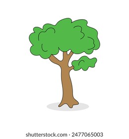 A lively cartoon vector tree illustration shows a bright green canopy with rounded leaves, creating a full, bushy appearance. The tree has a thick, brown trunk with subtle texture details. 