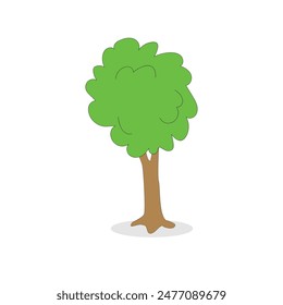 A lively cartoon vector tree illustration shows a bright green canopy with rounded leaves, creating a full, bushy appearance. The tree has a thick, brown trunk with subtle texture details. Playful and
