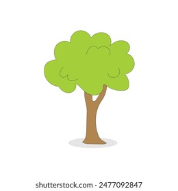 A lively cartoon vector tree illustration shows a bright green canopy with rounded leaves, creating a full, bushy appearance. The tree has a thick, brown trunk with subtle texture details. Playful and