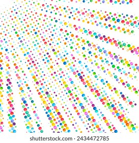 A lively cascade of colorful dots streams diagonally across a white backdrop, creating a dynamic and playful abstract pattern.