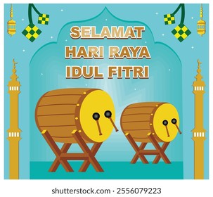 Lively celebrating Eid al-Fitr with traditional drums and Islamic motifs. Perfect for festive greetings and cultural celebrations. Flat vector modern illustration 