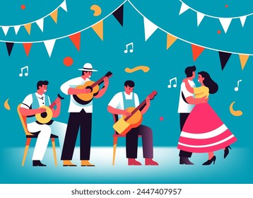 A lively celebration captured in vector art, featuring a trio of musicians and a dancing couple, evoking traditional festive vibes.