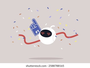 A lively celebration featuring cheerful robot confetti and a playful number one sign, bringing a sense of joy and excitement to this unique digital atmosphere filled with color