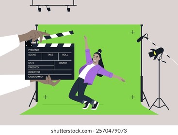 A lively character dramatically pretends to fall off a cliff while acting safely in a well-lit chroma key studio, The vibrant backdrop highlights the creativity of cinematic production in action