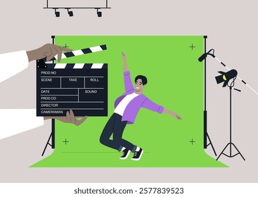 A lively character dramatically pretends to fall off a cliff while acting safely in a well-lit chroma key studio, The vibrant backdrop highlights the creativity of cinematic production in action