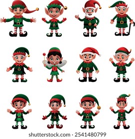 A lively and cheerful scene featuring 12 mischievous Christmas elves, including men, women, and elderly characters. These playful elves, dressed in colorful traditional costumes