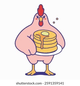 A lively chicken holding a fluffy pancake stack with syrup, ideal for a breakfast café.