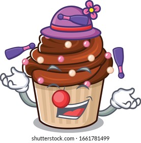 a lively chocolate cupcake cartoon character design playing Juggling