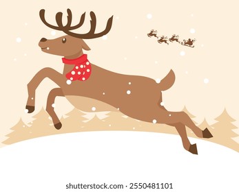 A lively Christmas reindeer vector is jumping joyfully in the snow, seemingly getting ready to pull Santa's sleigh. Wearing a warm red scarf, it looks very excited.