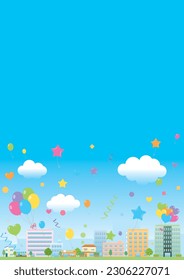Lively cityscape with balloons flying in the blue sky