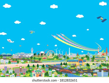 A lively cityscape composed of simple shapes