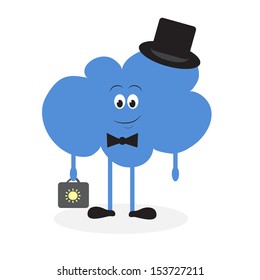 Lively cloud with a suitcase in hand, with his hat in the shoes. fun.