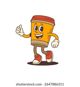 Lively coffee cup mascot with expressive face and dynamic walking pose. Character shows thumbs-up conveying positivity and enthusiasm. Ideal for marketing, social media, and advertising projects