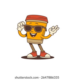 Lively coffee cup mascot wearing sunglasses and sneakers, expressing confidence and friendliness through playful gestures. Perfect for marketing and coffee branding projects. Vector illustration