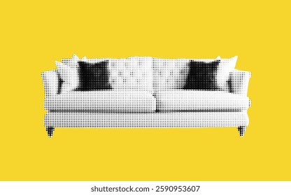 A lively collage features a chic halftone sofa adorned with two contrasting black cushions.