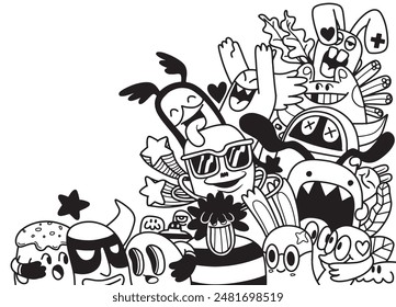 A lively collection of cartoon doodle characters in black and white, featuring various expressions and whimsical designs.
