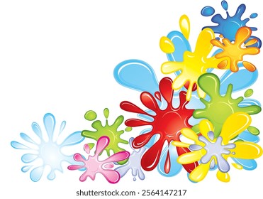 A lively collection of colorful paint splashes in red, yellow, green, blue, and more. Ideal for artistic projects, backgrounds, and creative advertisements.