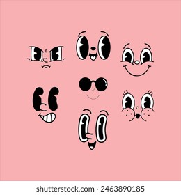 Lively Colored Cartoon Comic Style Faces Set, Featuring Expressive And Exaggerated Features, Vector Emoji Set