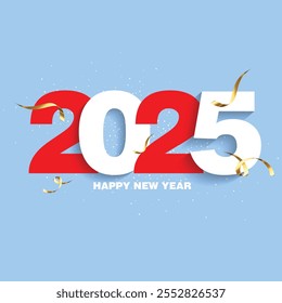 Um design animado e colorido do calendário de 2025 com elementos de confetes dinâmicos espalhados pelo layout. O confete estoura em tons vibrantes de ouro, prata, vermelho e azul.