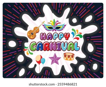 A lively and colorful Carnival party. Cultural party celebration with guitars, masks, balloons, and drums. Carnival party concept. Flat vector illustration.