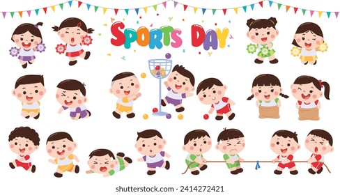 A lively and colorful cartoon-style illustration featuring children participating in various fun sports activities during a school sports day event