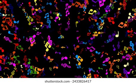 A lively and colorful confetti of music notes spread across a dark background, capturing the celebratory essence of music and festivity.