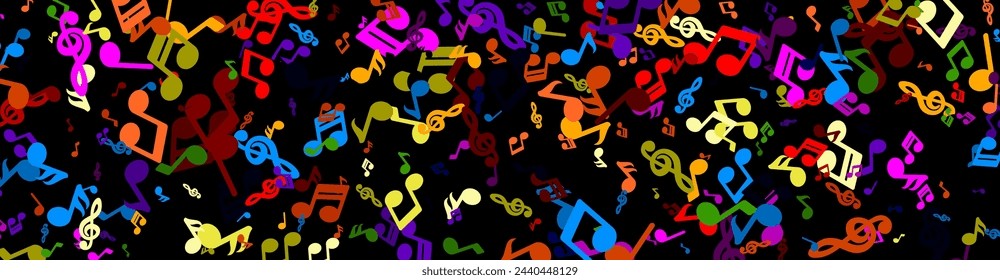 A lively and colorful confetti of music notes spread across a dark background, capturing the celebratory essence of music and festivity.