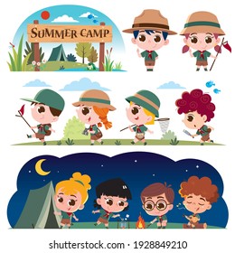 A lively and colorful digital illustration depicting children enjoying various summer camp activities