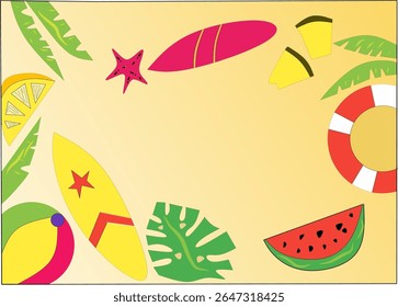 A lively and colorful flat lay illustration featuring a collection of summer and beach-themed elements, arranged to create a vibrant border or frame on a warm, sandy-yellow background