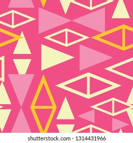 Lively, colorful geometric seamless pattern with an atomic mid century modern vibe. Bold repeat vector design in hot pink, orange, light yellow. Eye catching design for textiles, fashion and decor.
