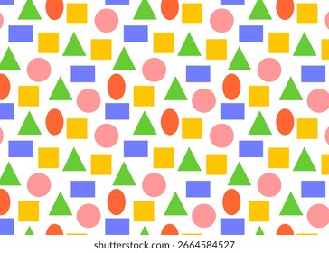 Lively colorful geometric shapes pattern with circles, squares, triangles, and rounded rectangles – perfect for children’s textiles, toys, and playful educational materials.