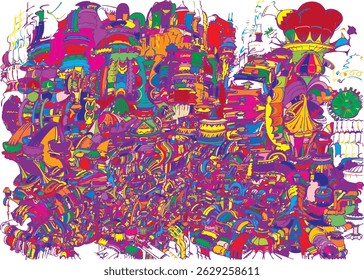 Lively colorful intertwined shapes creating dense, wild pattern