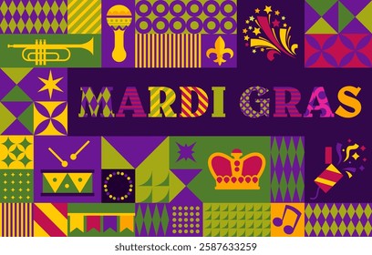 A lively and colorful Mardi Gras composition featuring masks, trumpets, and festive elements. A vector illustration.