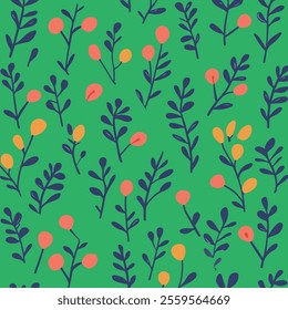 A lively and colorful pattern featuring various stylized flowers and leaves in shades of orange, yellow, and dark blue against a bright green background.