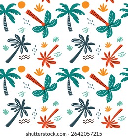 Lively and colorful seamless vector pattern featuring stylised palm trees, bright suns, and abstract squiggles on a white background, perfect for summer apparel, stationery, and decor