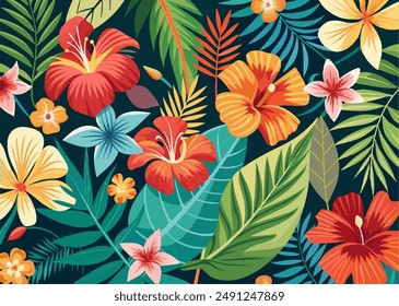 a lively and colorful stylish retro aloha pattern with painted leaves and blossoms that exude