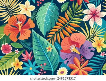 un animado y colorido estilo retro aloha patrón con hojas pintadas y flores que exudan arte fondo decoración diseño elegancia tela moda