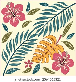 A lively and colorful stylish retro aloha pattern with painted leaves and blossoms that exude a natural and exotic feel, capturing the essence of summer in a playful and charming way.