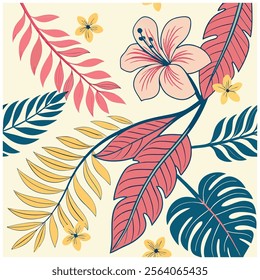 A lively and colorful stylish retro aloha pattern with painted leaves and blossoms that exude a natural and exotic feel, capturing the essence of summer in a playful and charming way.