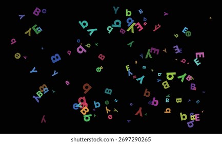 A lively composition featuring a multitude of colorful lowercase letter 'b' symbols scattered across a black background, creating a sense of movement and energy.